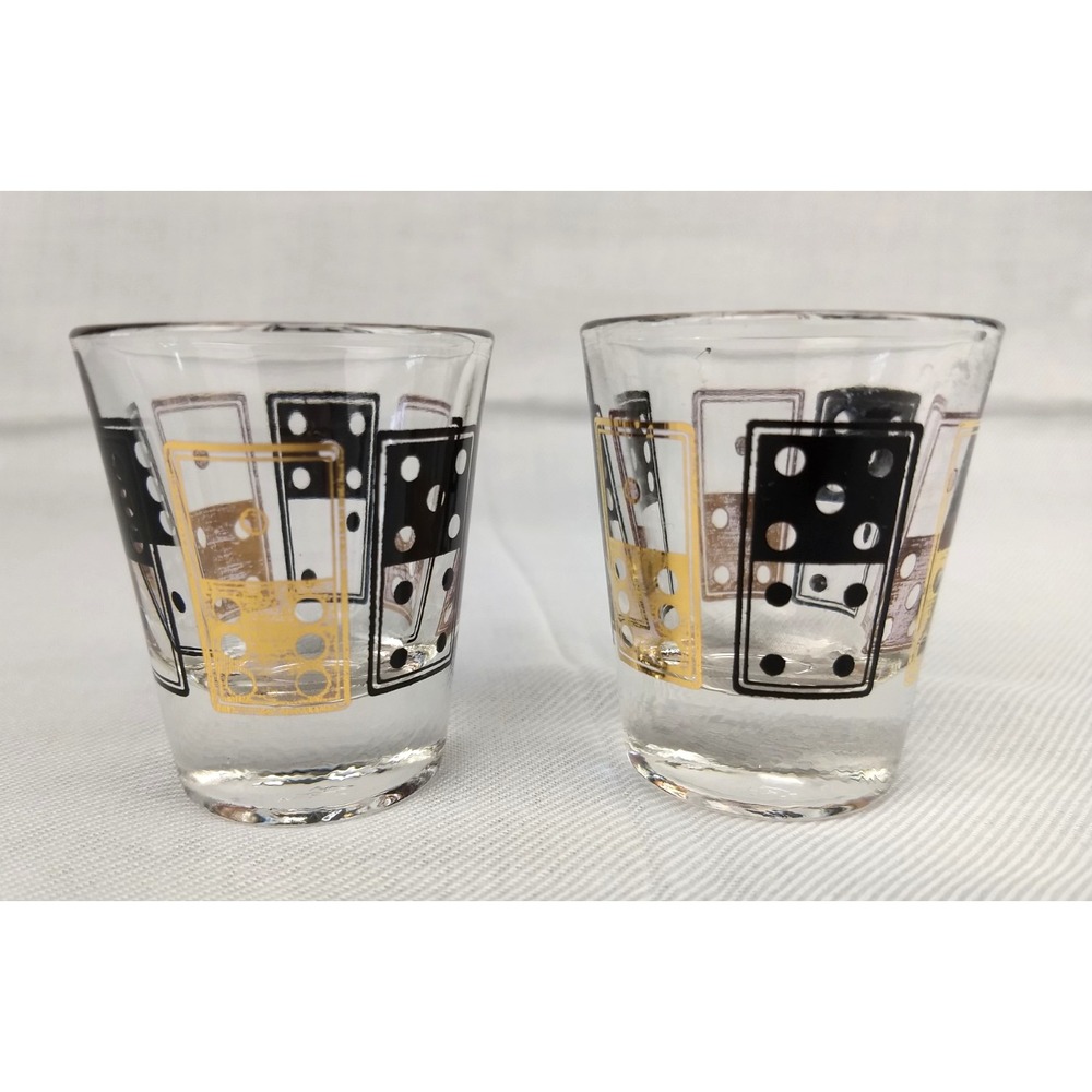 Vintage Anchor Hocking Shot Glasses‎ Black & Gold Dice Domino 1oz